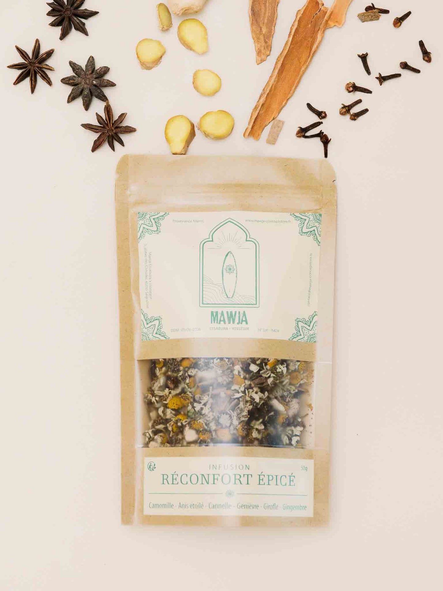 Infusion Mawja réconfort épices cannelle genievre girofle camomille anis badiane ingrédient