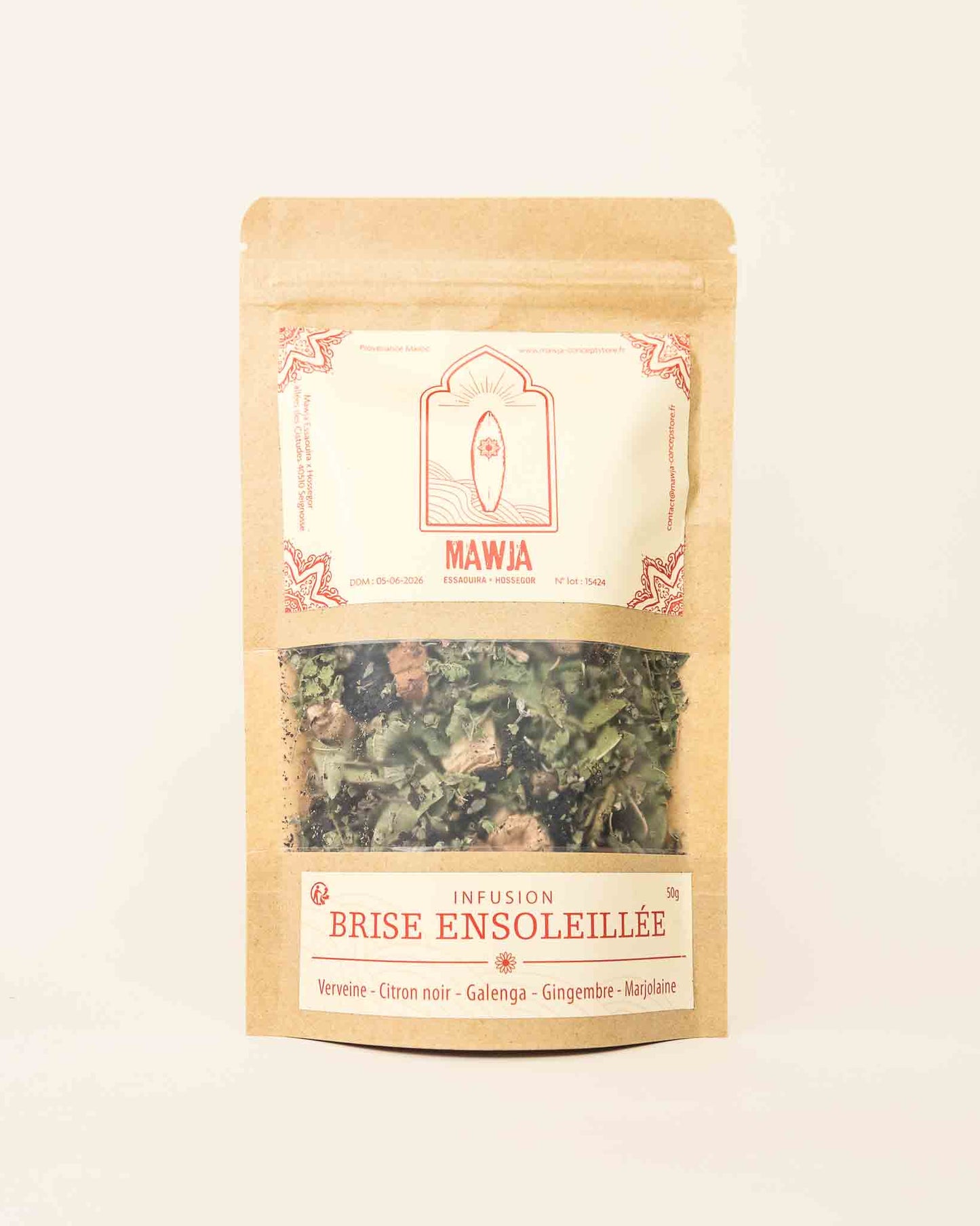 Sachet infusions Mawja brise ensoleillée verveine citron noir galanga gingembre marjolaine recto fond blanc