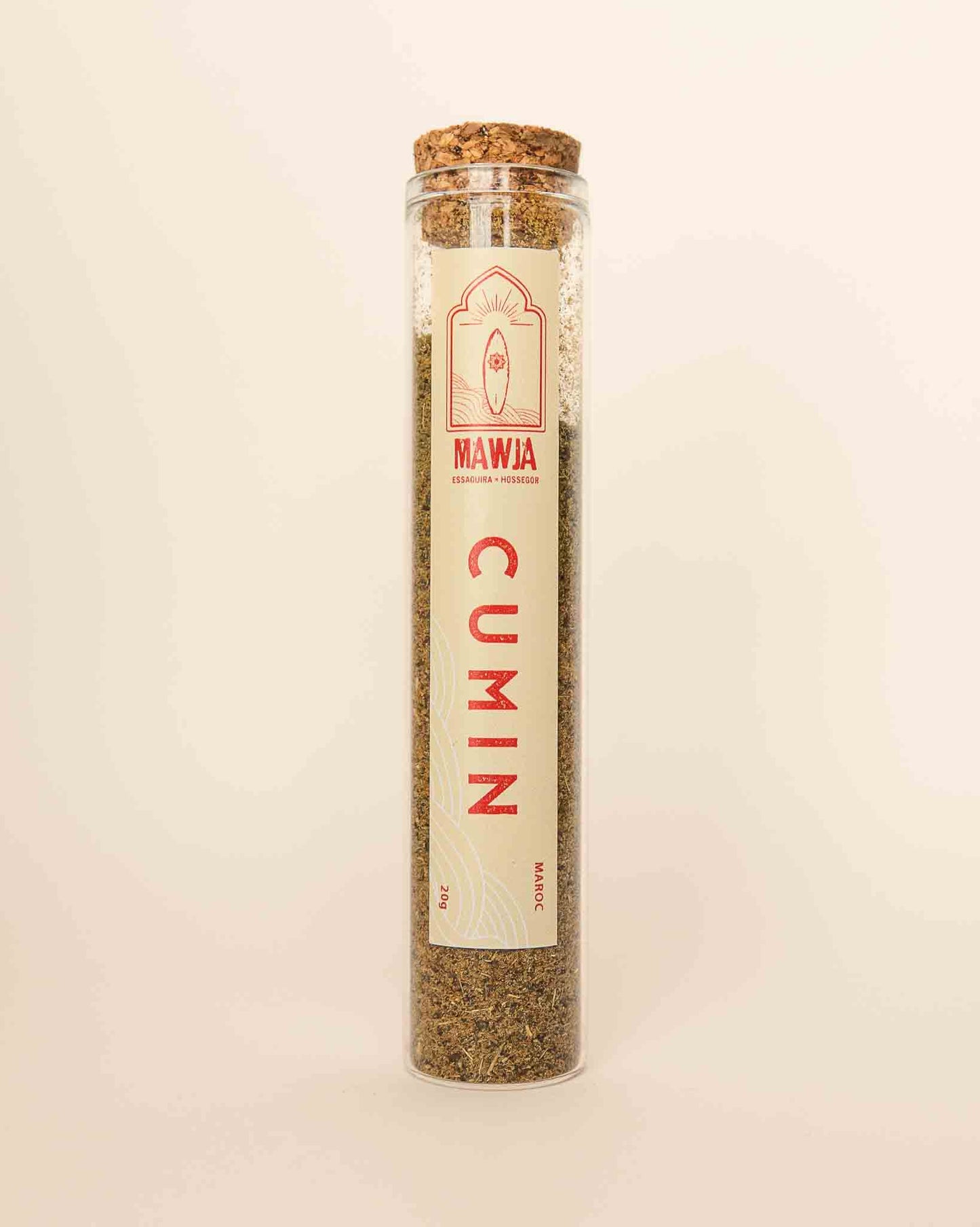 épices mawja cumin flacon verre face fond blanc