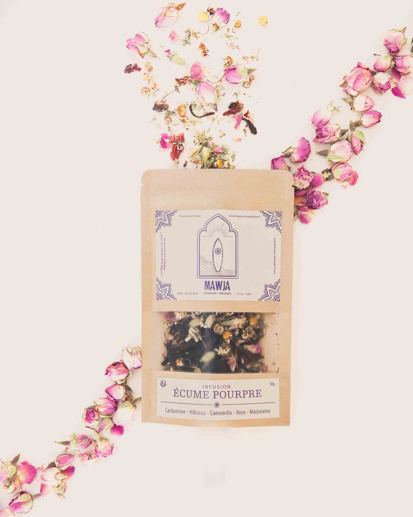 nfusion Mawja écume pourpre camomille hibiscus rose cardamome marjolaine face fleur