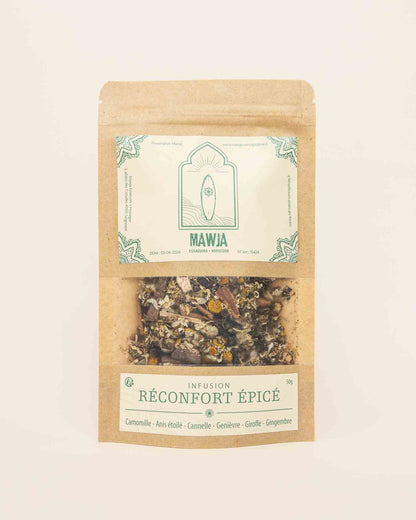 Infusion Mawja réconfort épices cannelle genievre girofle camomille anis badiane fond blanc