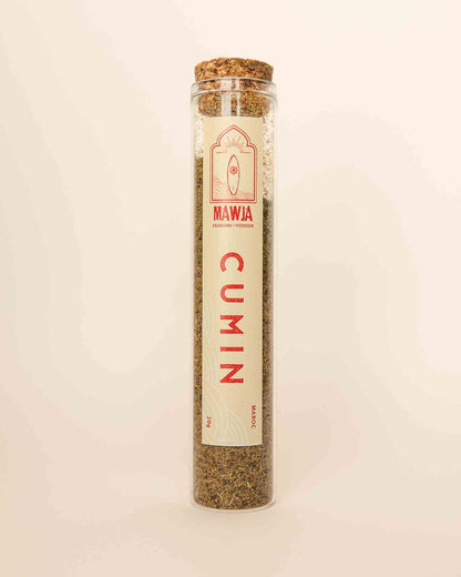 épices mawja cumin flacon verre face fond blanc