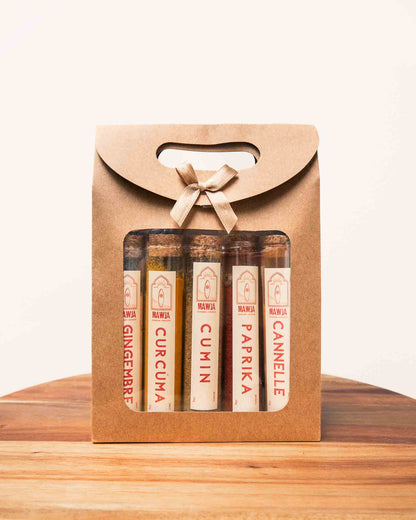 épices mawja lot cumin gingembre cannelle paprika curcuma flacon sachet face