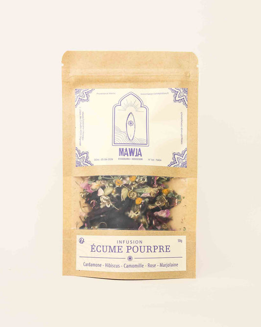 infusion Mawja écume pourpre camomille hibiscus rose cardamome marjolaine face